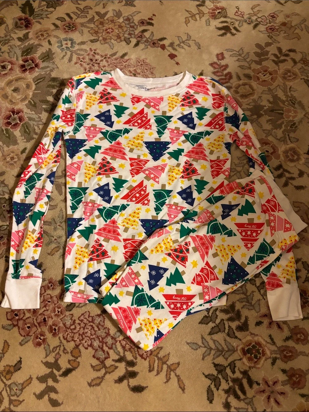 Old Navy White Long-Sleeve Top with Multicolor Holiday Tree Print